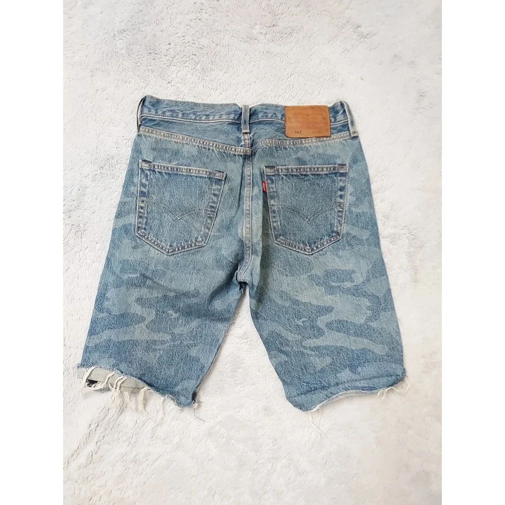Levis 501 Shorts Mens 29 Premium Denim Camo Print Blue Button Fly Frayed Hem